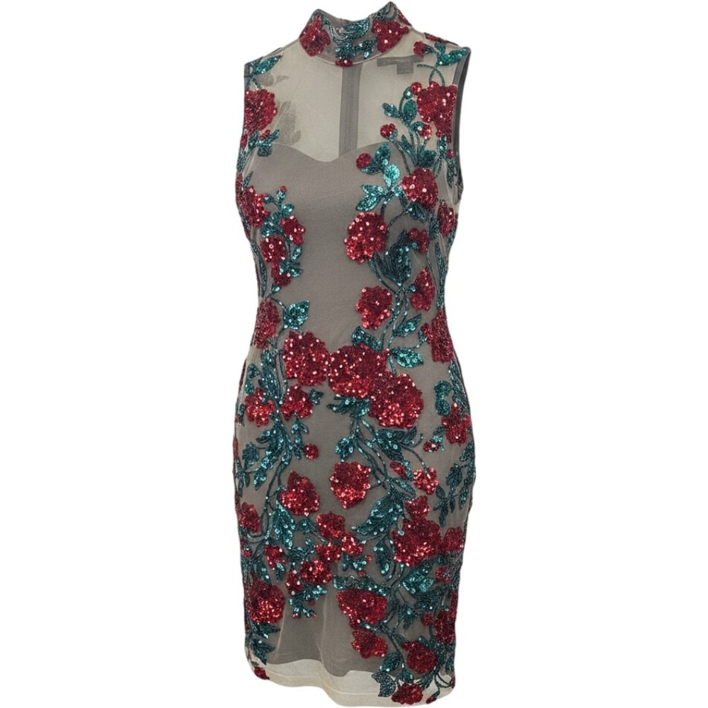 Womens Floral Sequin Mesh Overlay Mock Neck Bodycon Dress Black Red Teal Size M